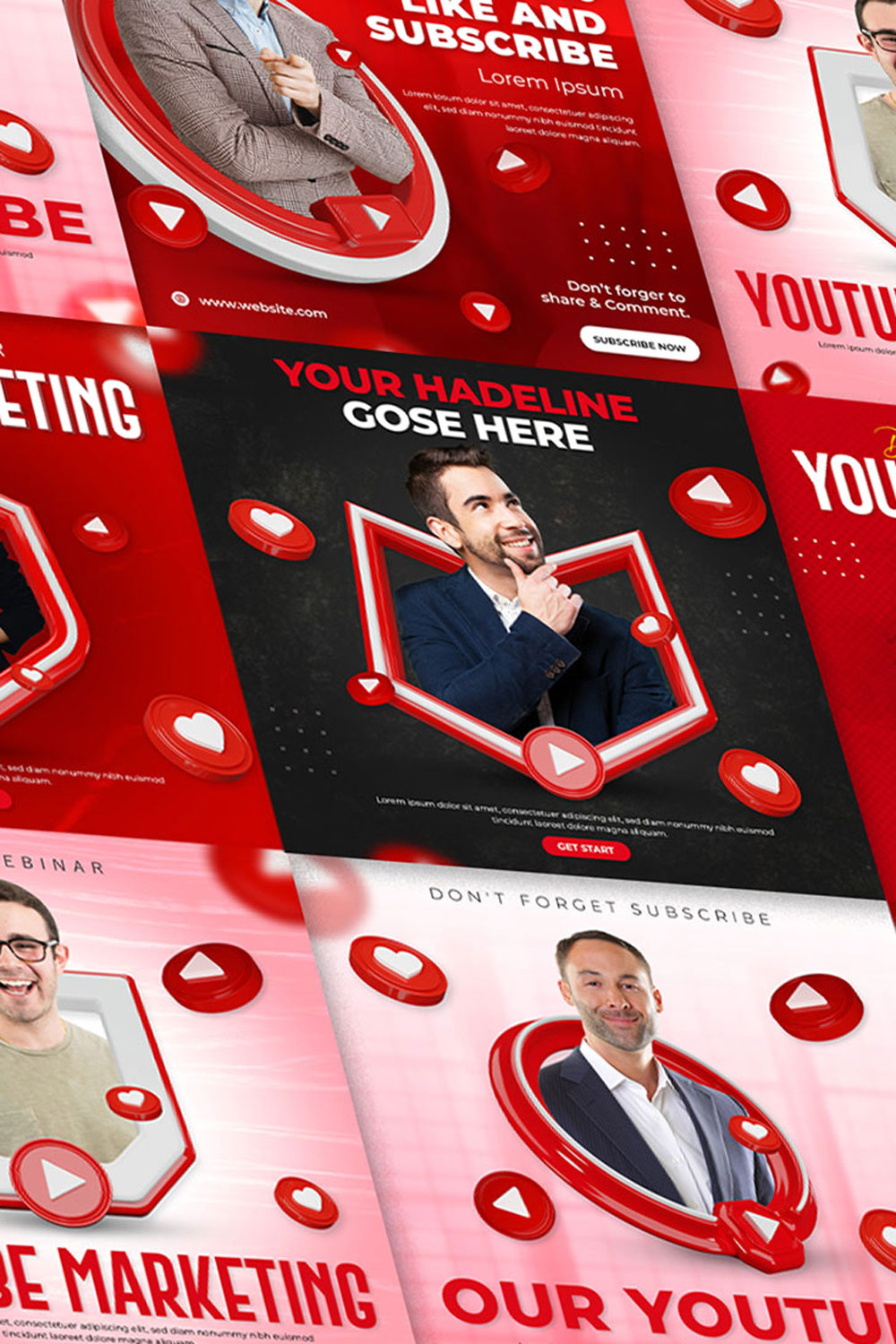 Youtube marketing social media promotion post template set pinterest preview image.