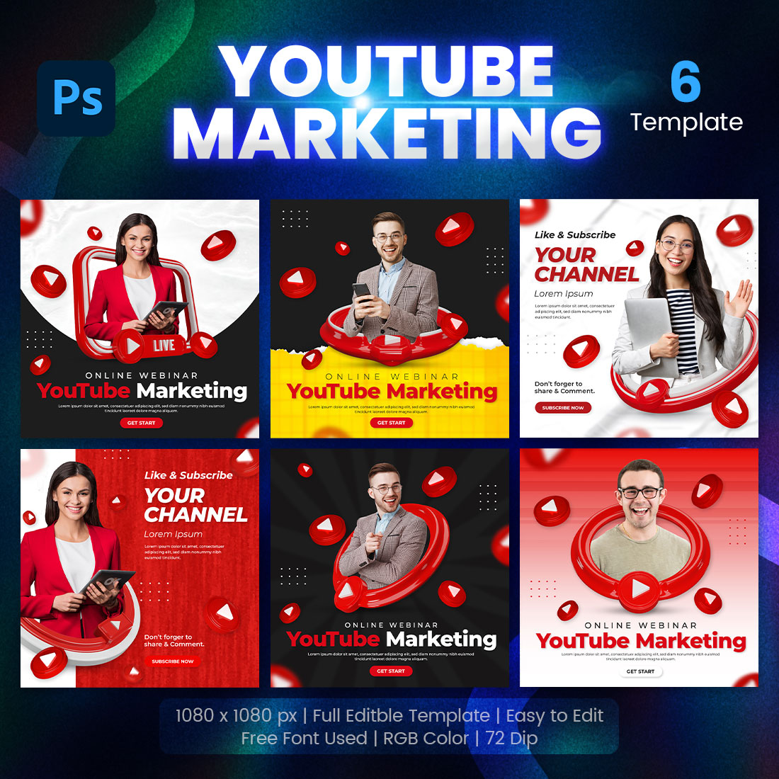 Youtube Marketing Social Media Promotion Post Design Template 3D Shape Set main cover.