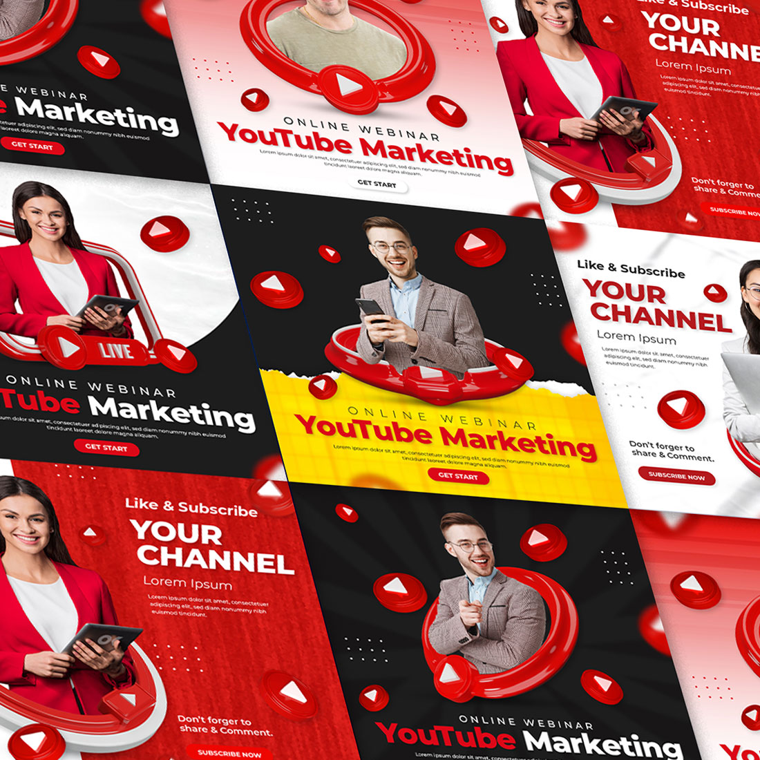 Youtube Marketing Social Media Promotion Post Design Template 3D Shape Set cover image.