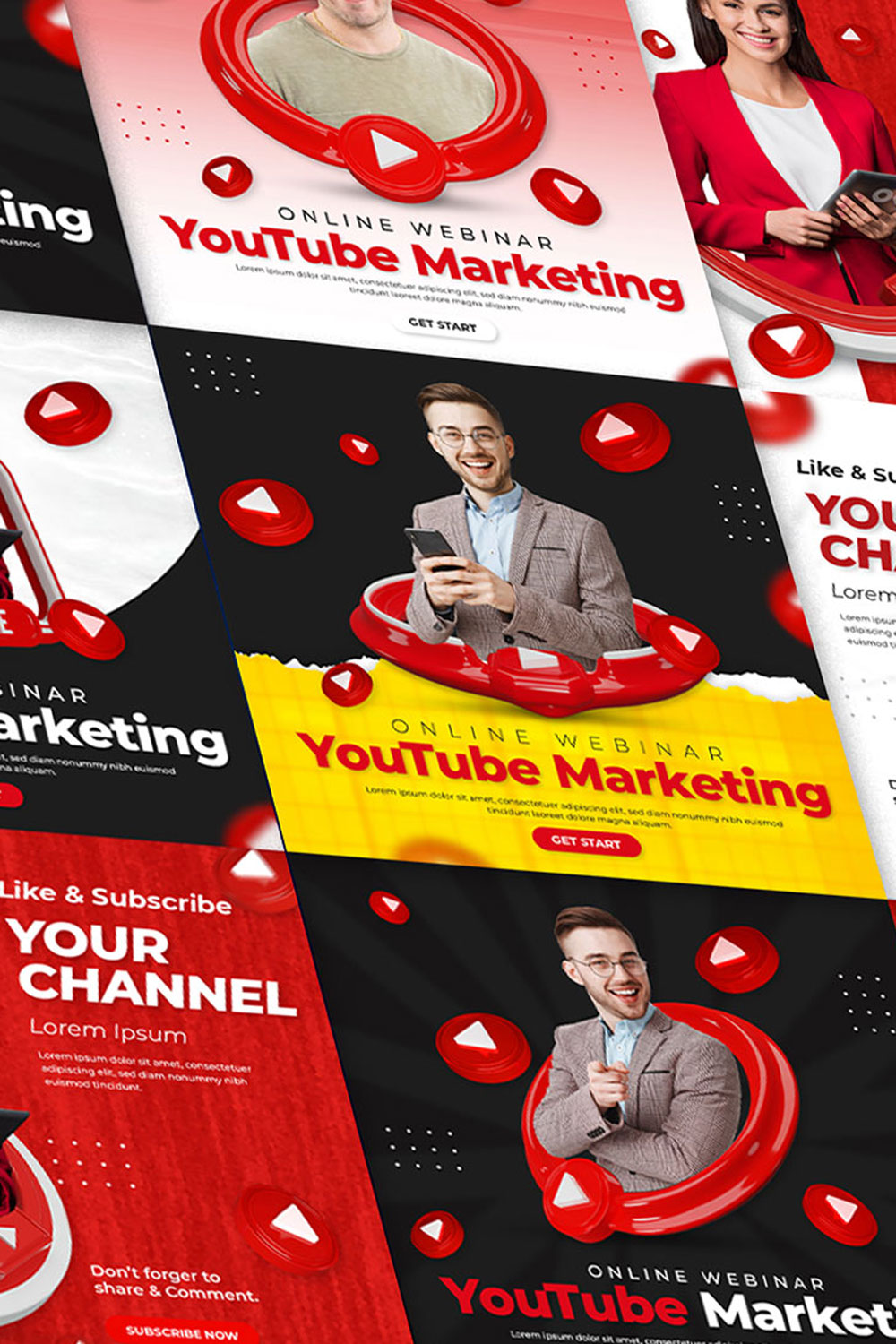 Youtube marketing social media promotion post design template 3D shape set pinterest preview image.