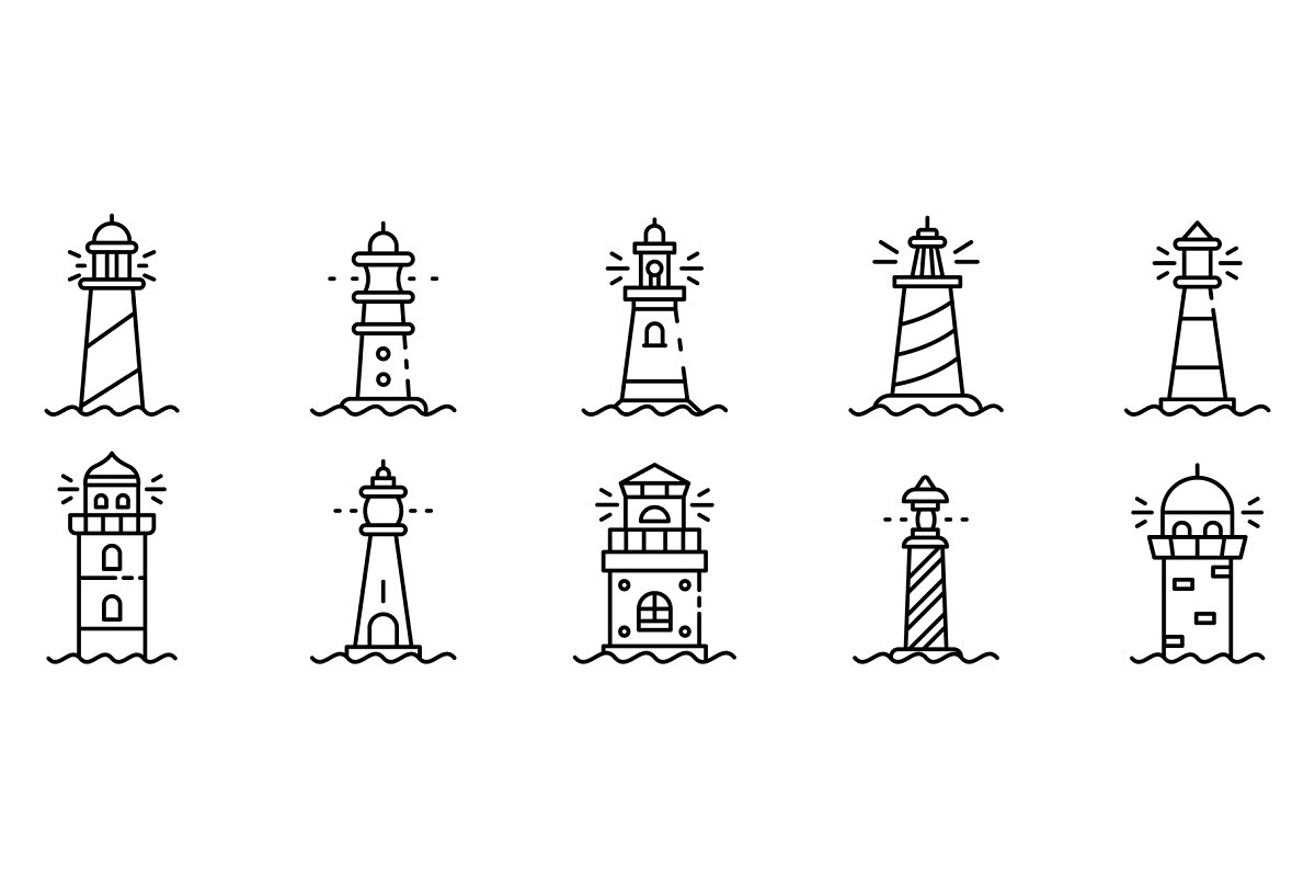 Cover image of Lighthouse Icons Set, Outline Style.