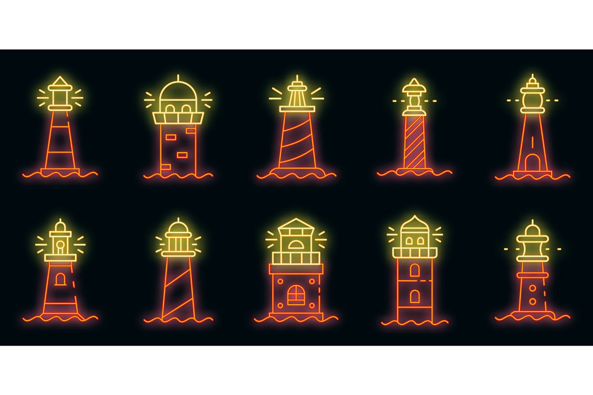 Cover image of Lighthouse Icons Set Vector Neon.
