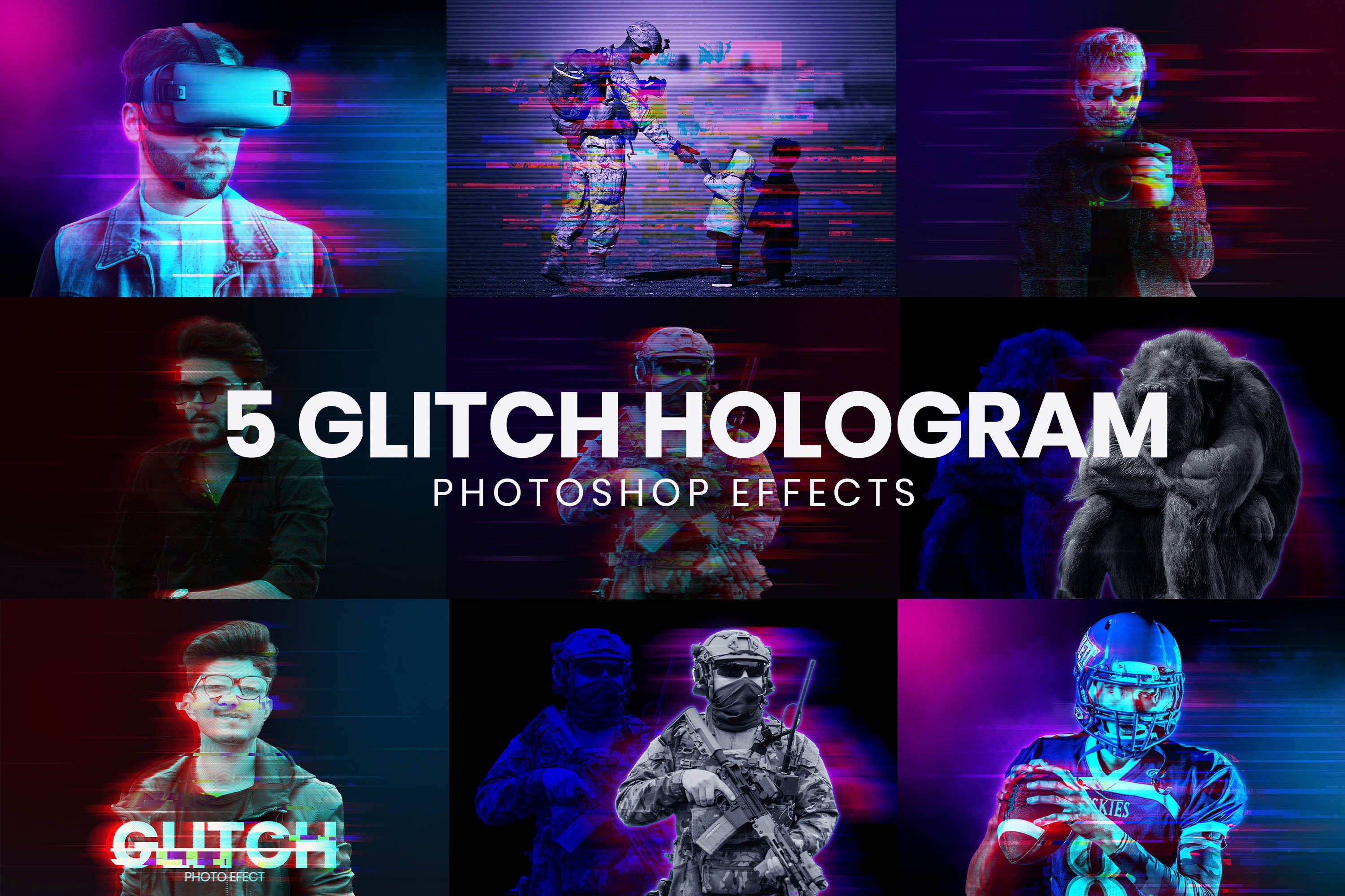 5 Hologram Glitch Photoshop Effectscover image.