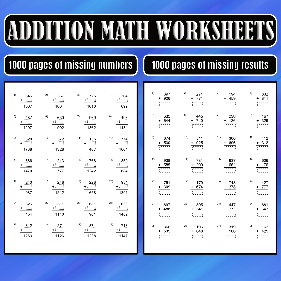 Addition Math Worksheets (KDP Interior) cover image.