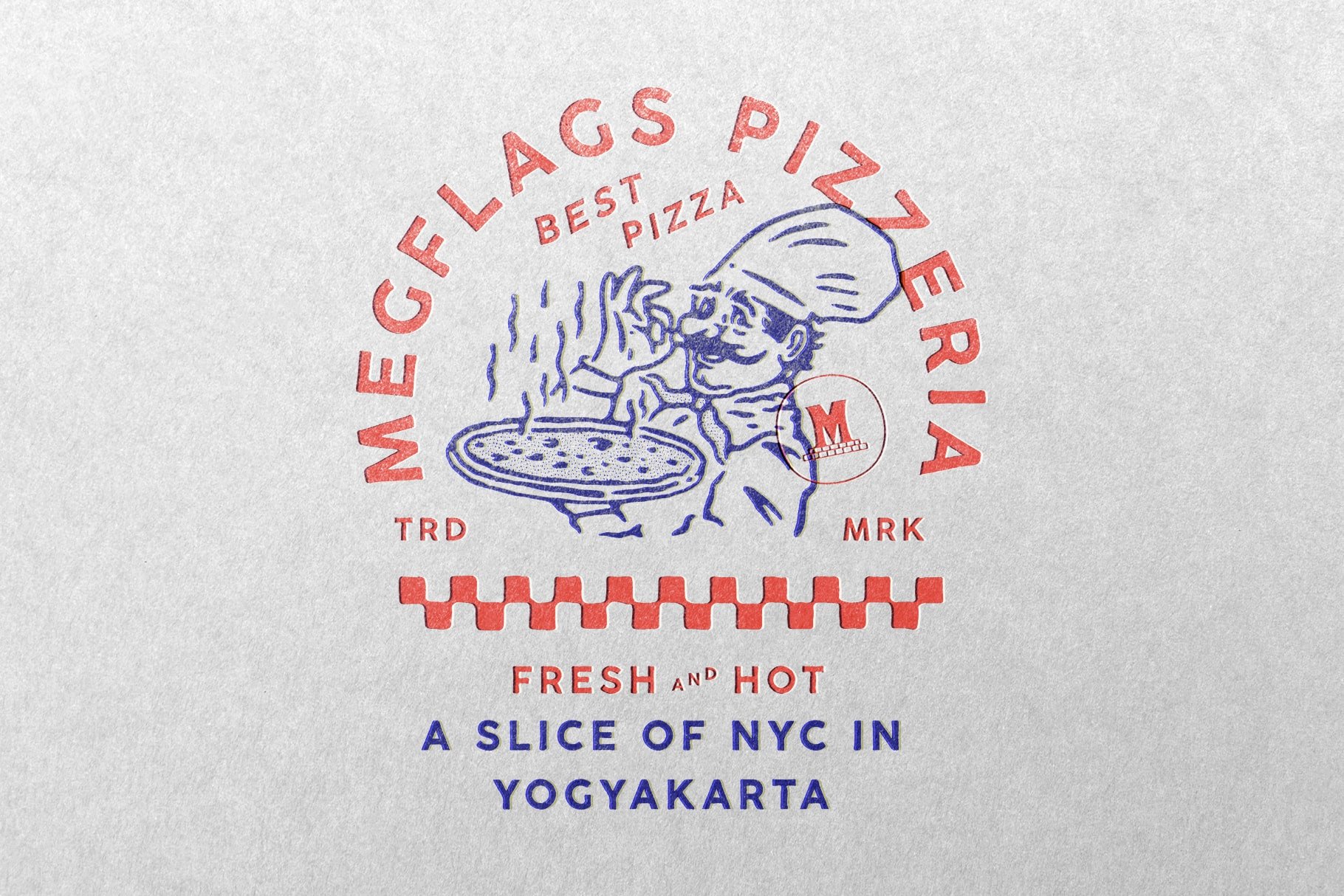A logo for a pizza restaurant with a picture of a chef.