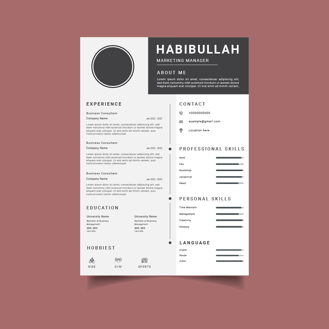 Simple resume template with a black and white color scheme.