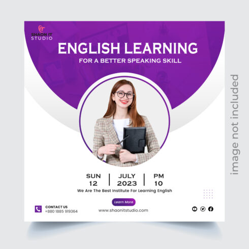 Flat design language learning social media post template cover image.