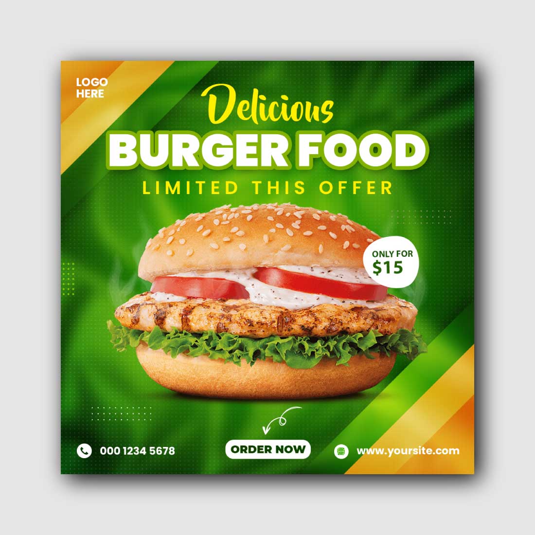 Burger food Social Media Instagram Post Template cover image.