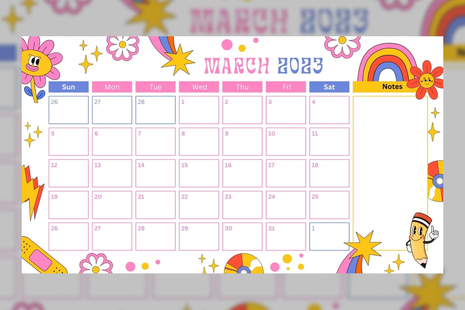 March 2023 calendar with a charming and playful design with cartoon characters and flowers.