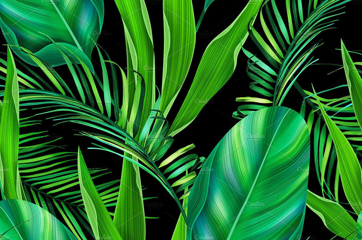 Black background with green palm leaves.