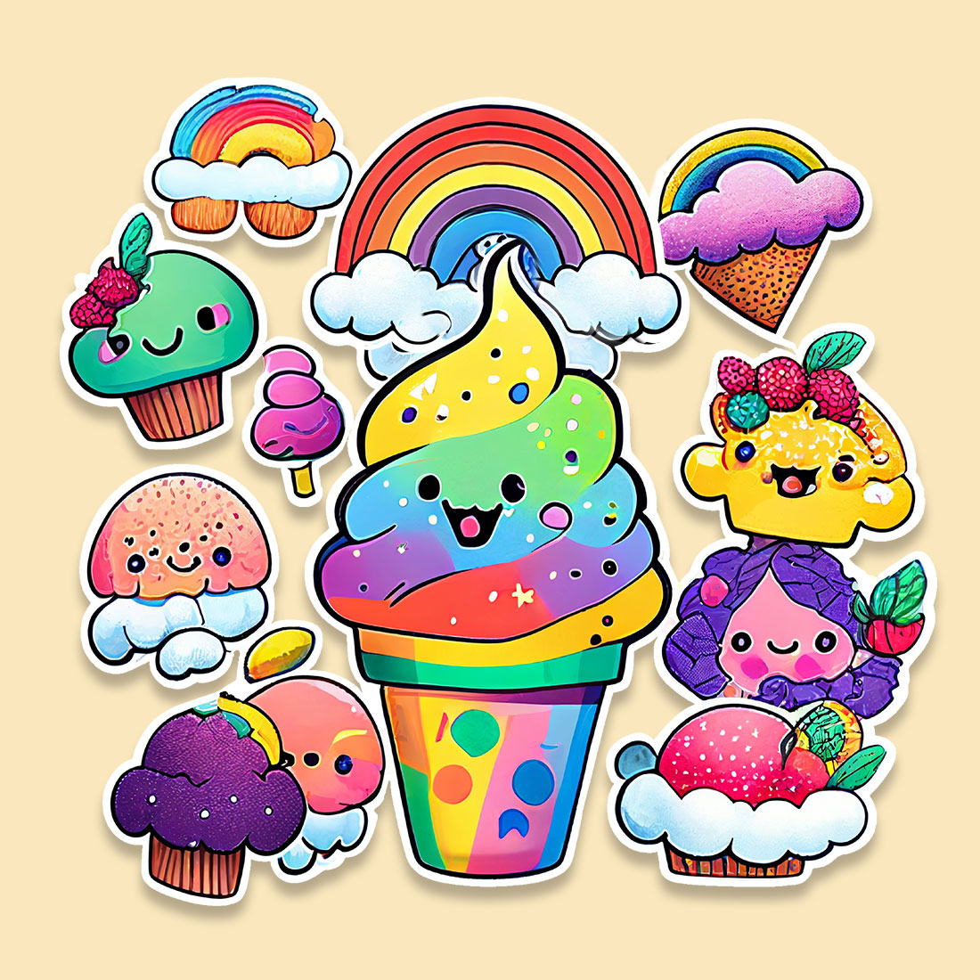 Cute Colorful Ice Cream Stickers Bundle preview image.