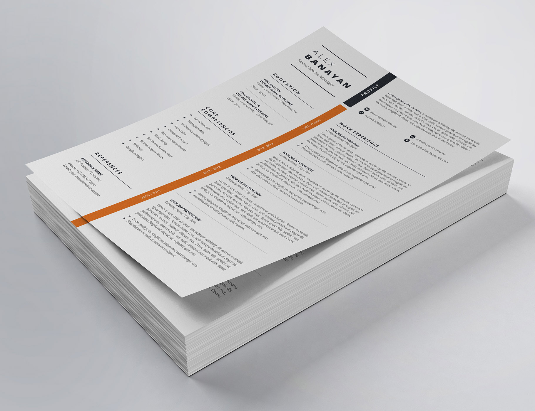 Stack of white papers with orange lines on them.