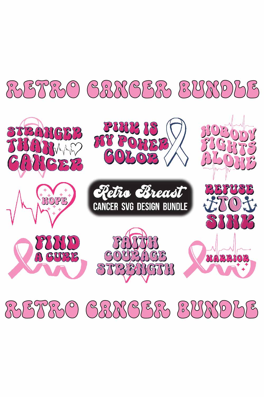 Retro Breast Cancer svg design Bundle pinterest preview image.