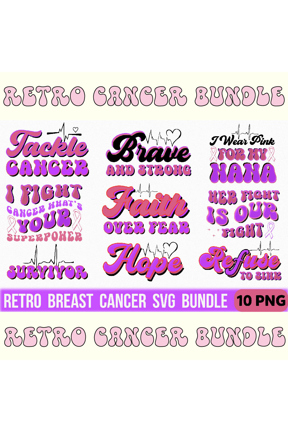 Retro Breast Cancer svg Bundle pinterest preview image.