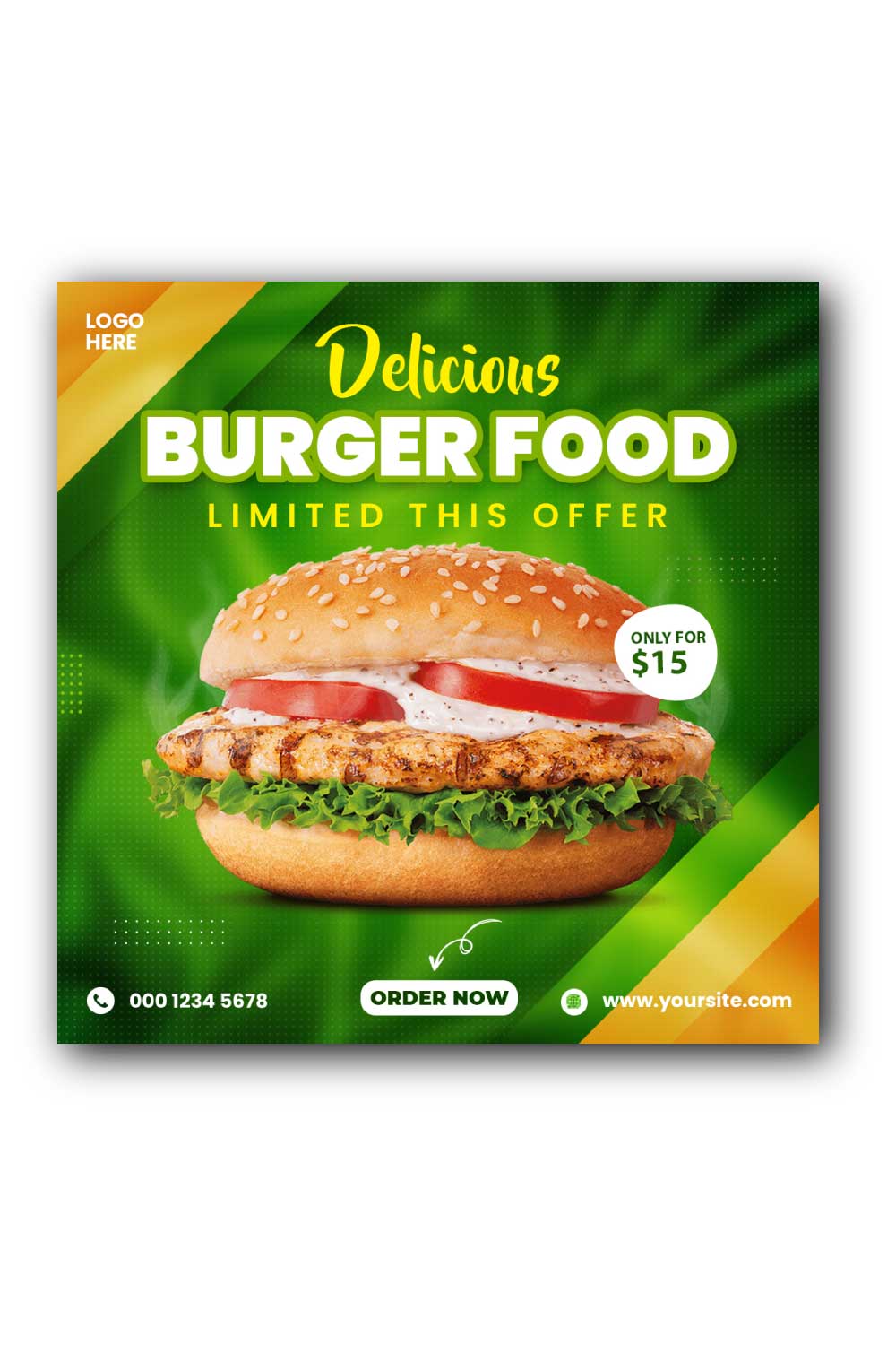 Burger food Social Media Instagram Post Template pinterest preview image.