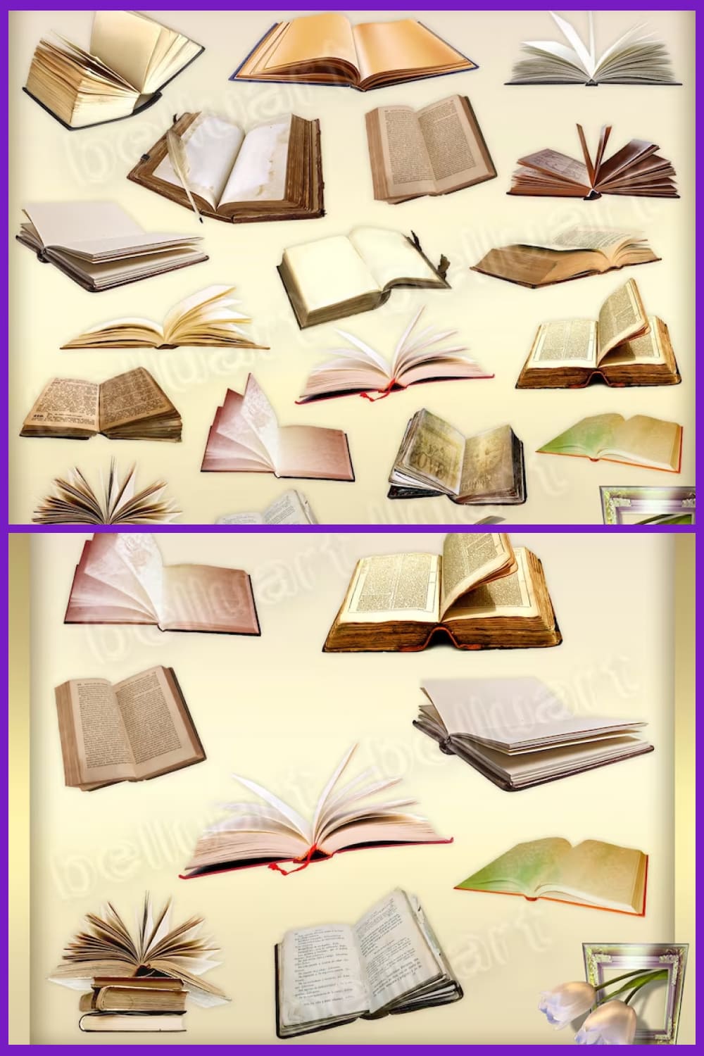 Collage of images of open books.