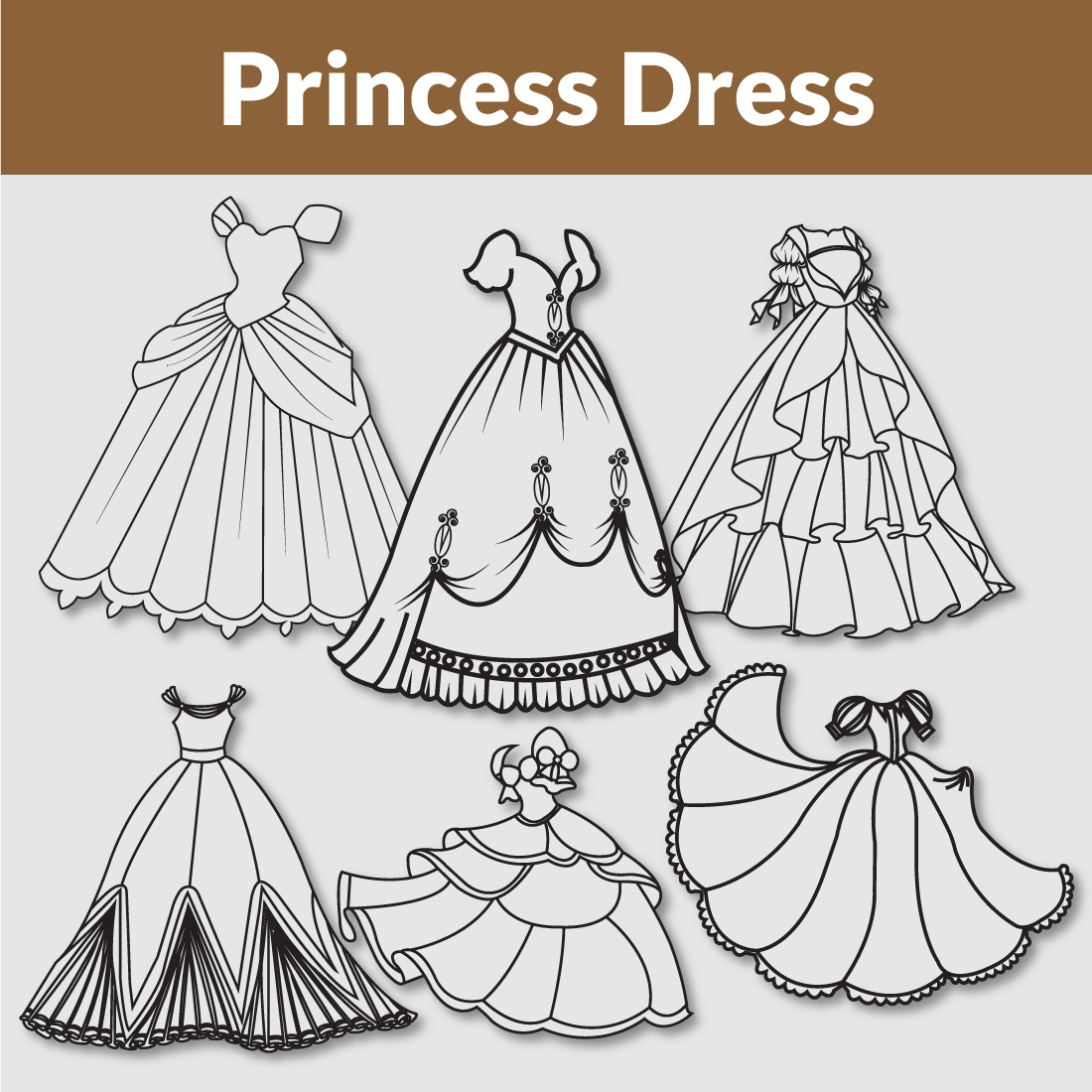 Princess Dress Coloring page Master Bundle preview image.
