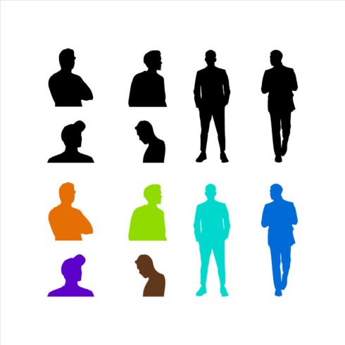 men different poses black & colorful silhouette set cover image.