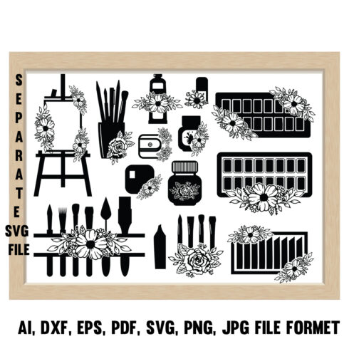 Artist Supplies svg, Accessory vector, Album png, art, artist, book, brush, bucket, camera, cover image.