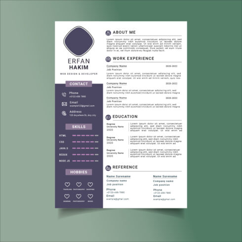 Purple and black resume template.