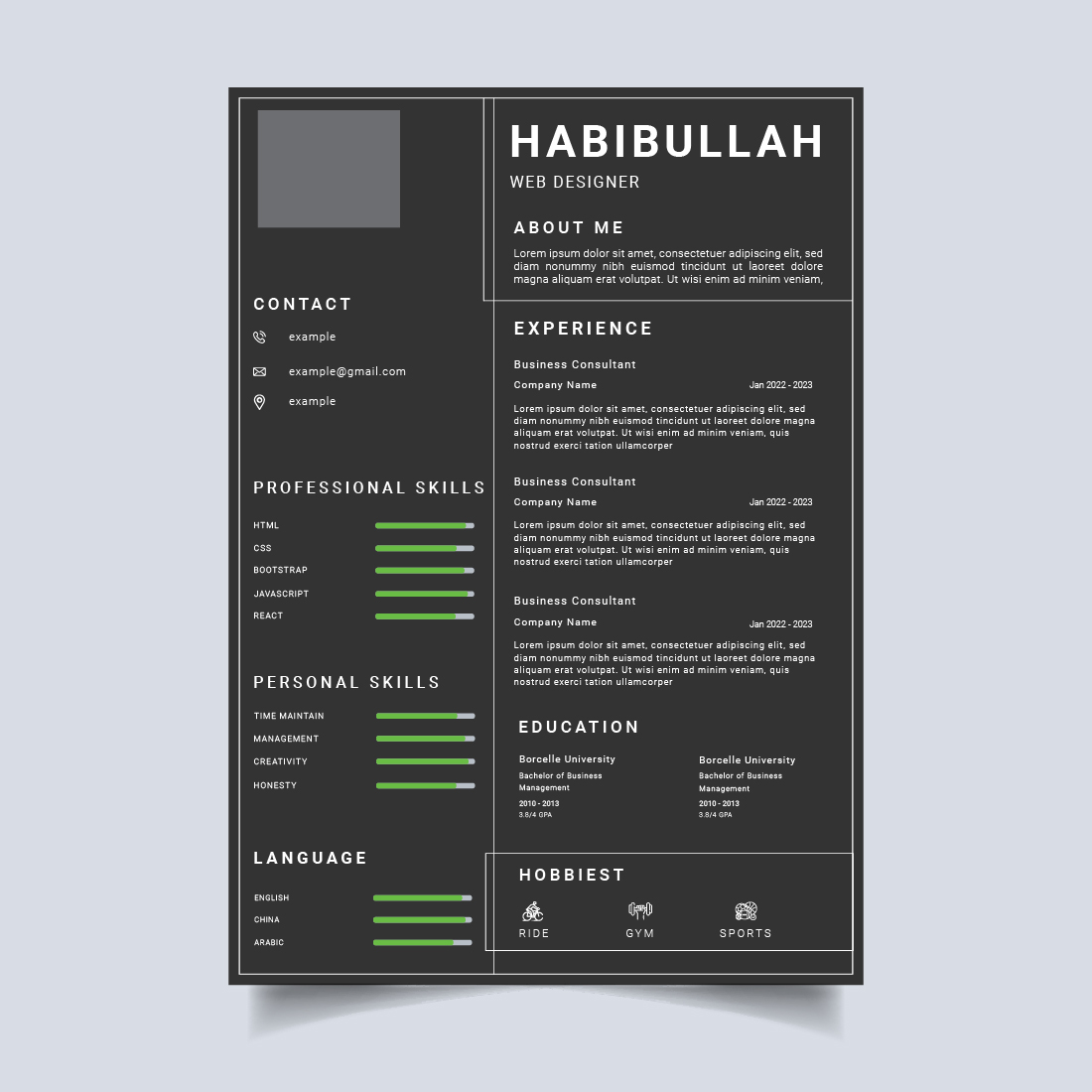 Black and green resume with green accents.