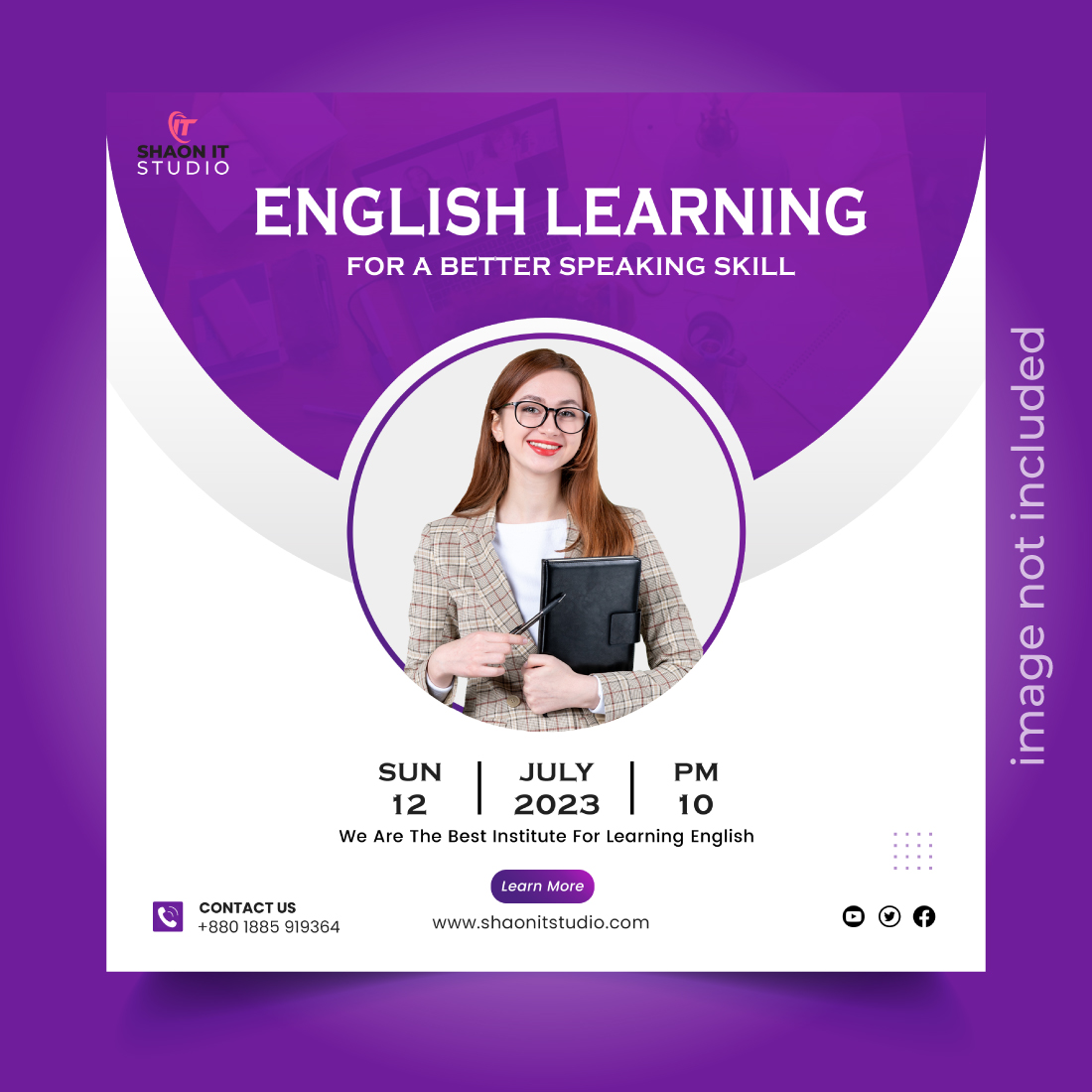 Flat design language learning social media post template preview image.