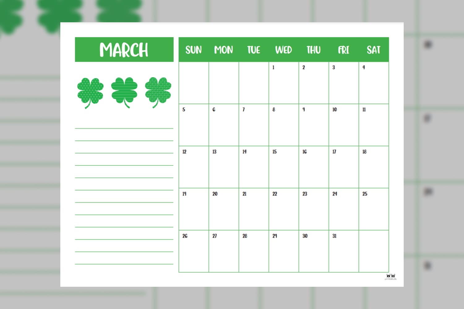 March calendar with green leaves and spaces to take notes.