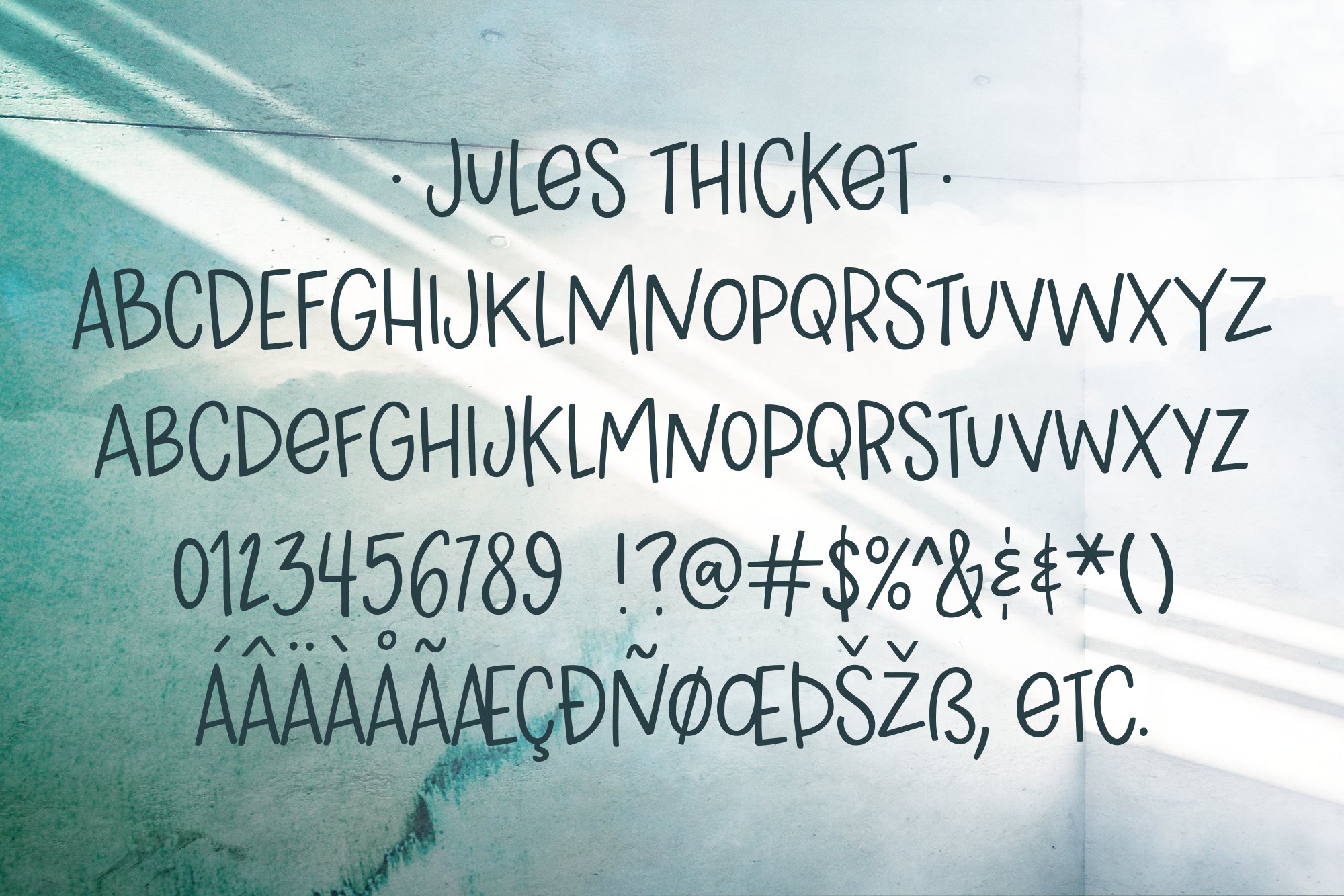 Jules Thicket, a wonky caps font preview image.