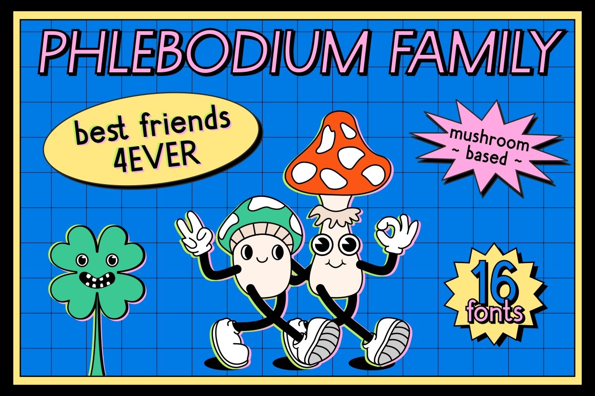 02 phlebodium font family typeface 80s 90s 1980s 1990s style mushroom fungus clover character mascot illustration 704