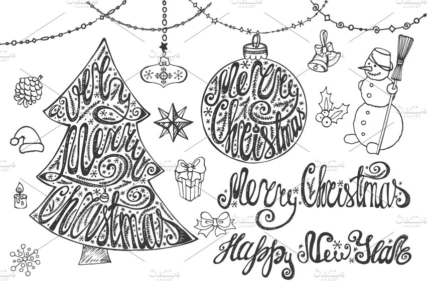 Merry Christmas tree lettering set preview image.