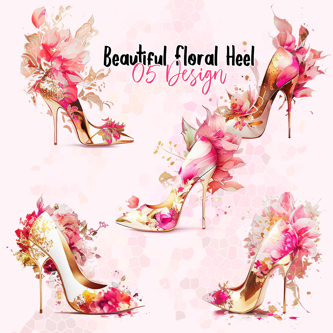 Beautiful Floral Golden Heels Clipart preview image.