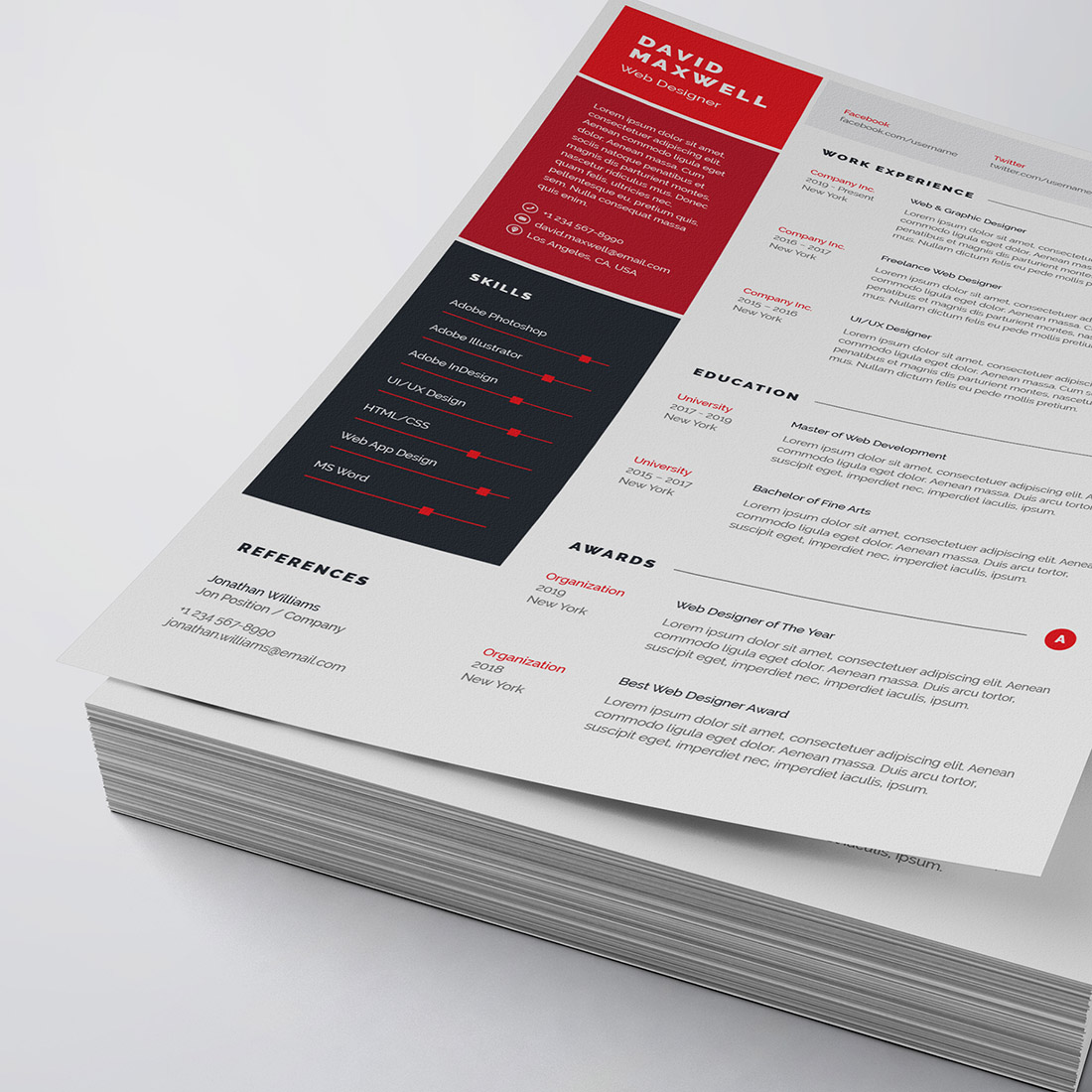 Professional resume template with a red and black color scheme.