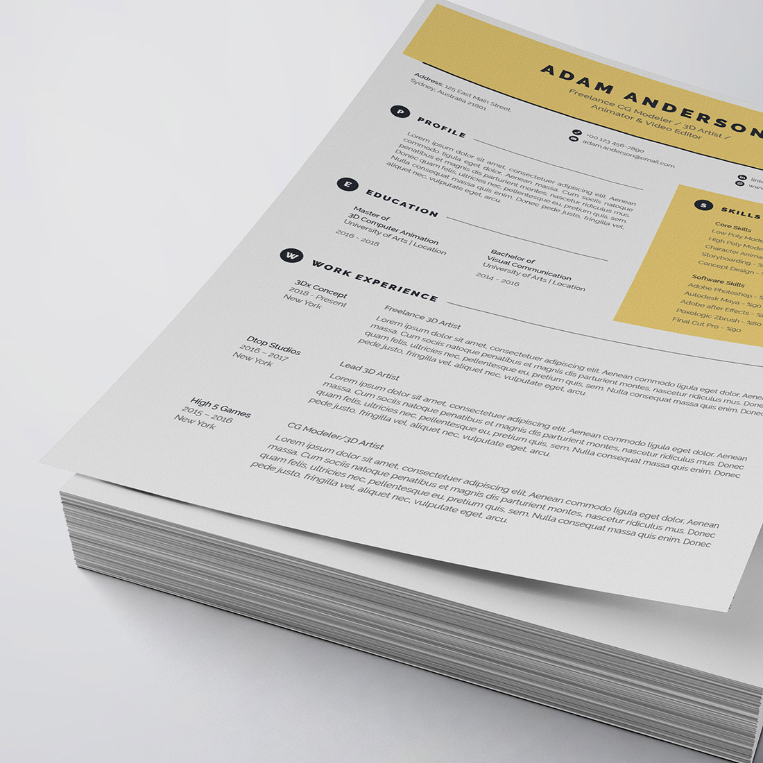 Clean and modern resume template with yellow accents.