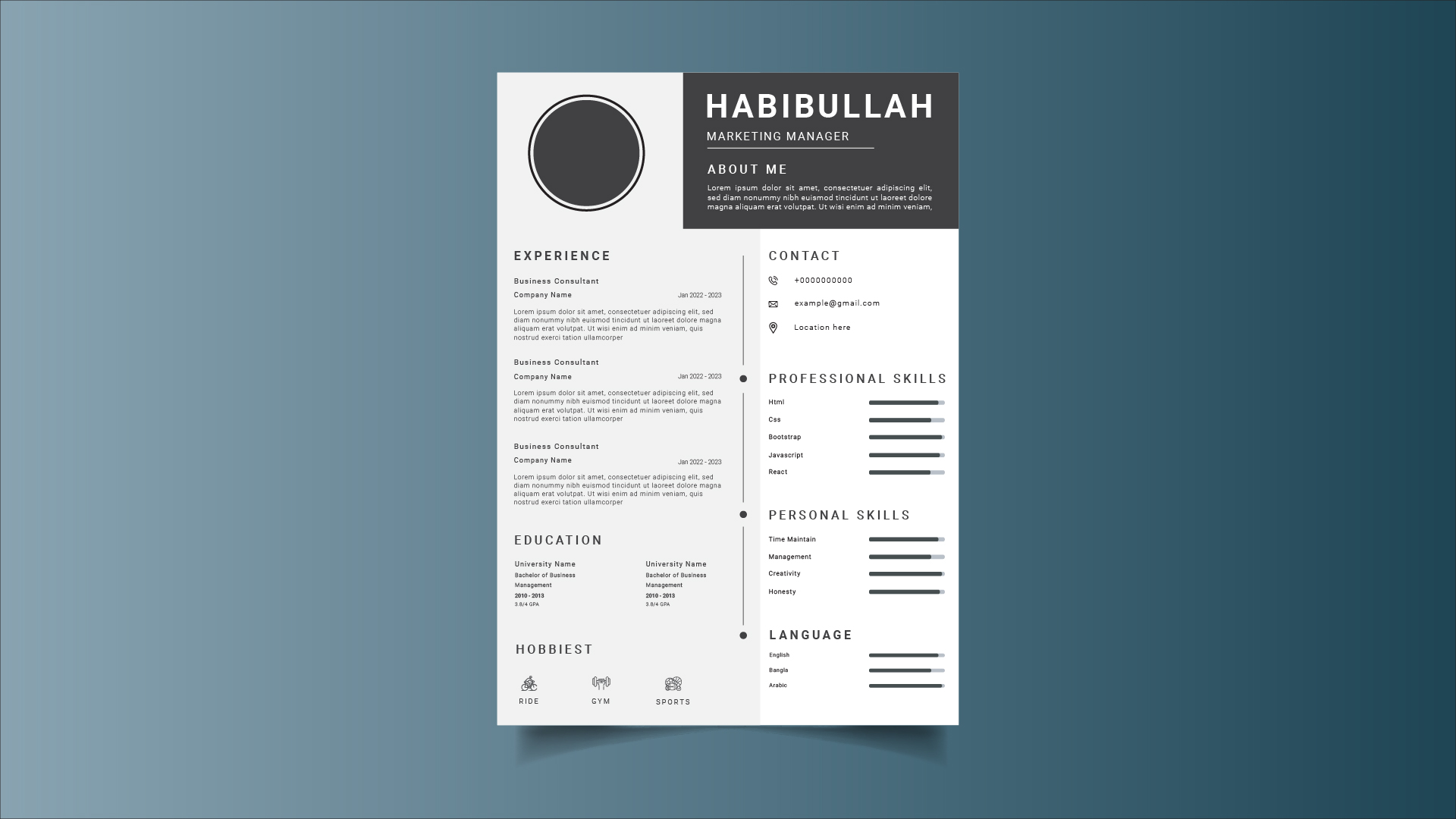Simple resume template with a black and white color scheme.