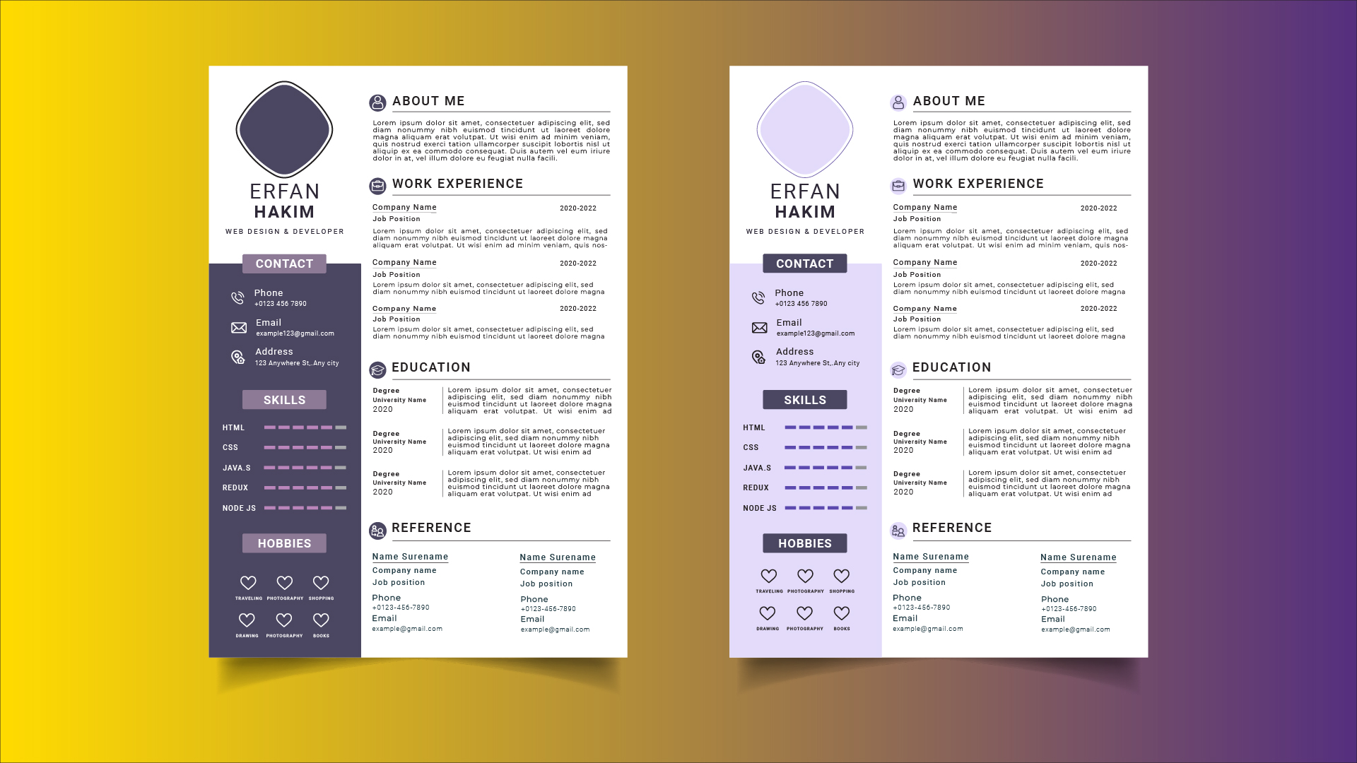 Two pages of a resume on a yellow and purple background.