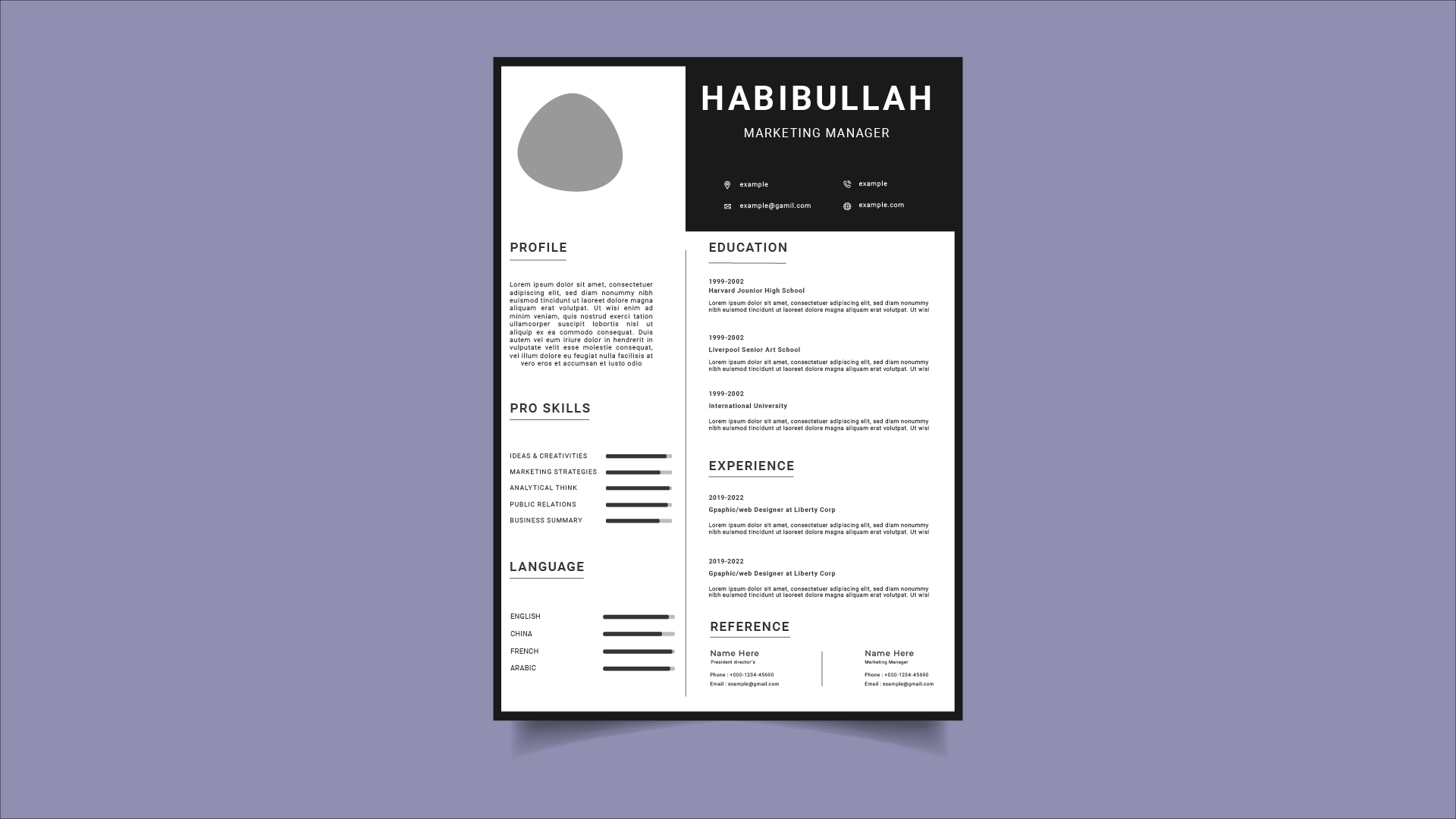 Black and white resume on a purple background.