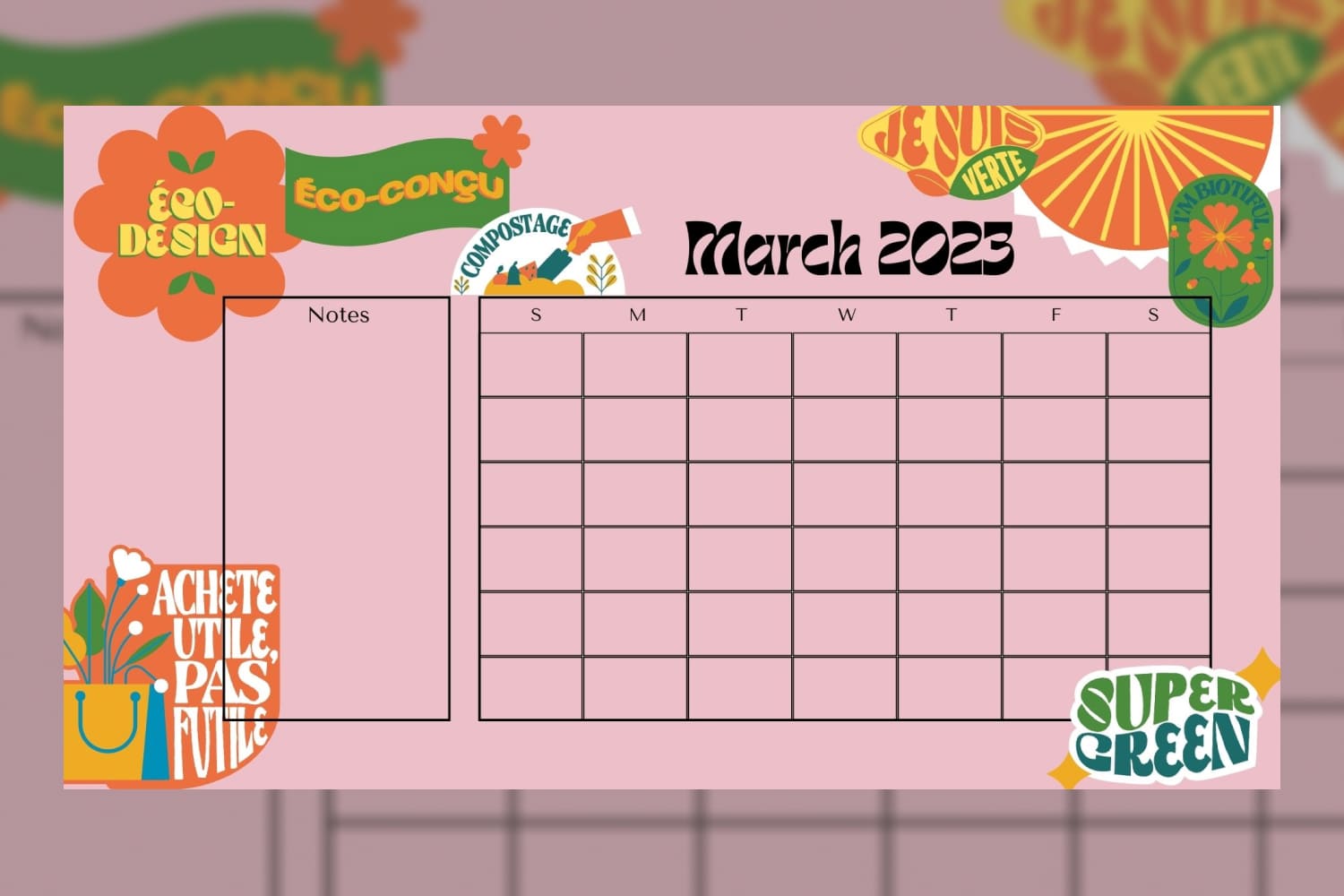 March 2023 calendar with whimsical design and pink and green illustrations.