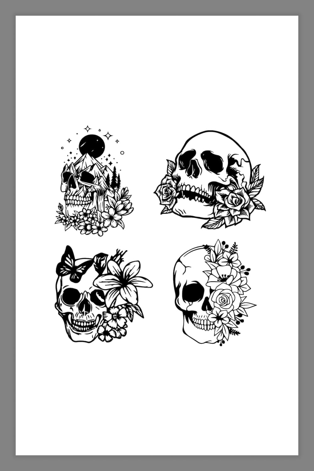 Collage of four images of skulls with bouquets of flowers.