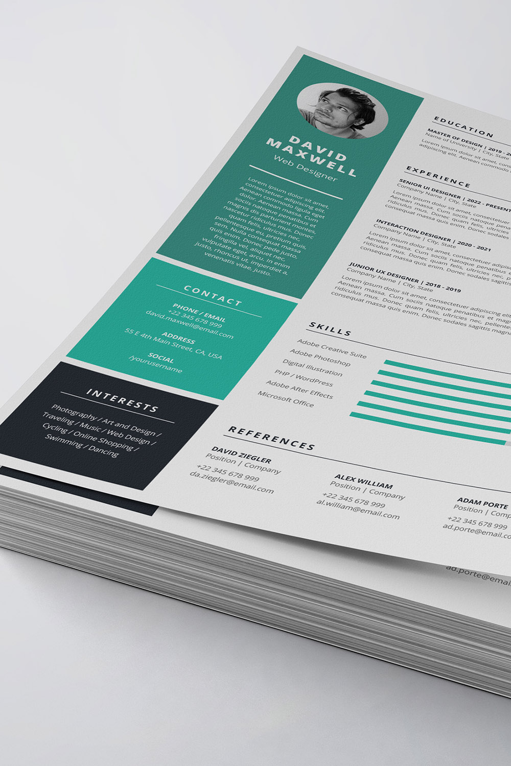 Professional resume template with a green and black color scheme.