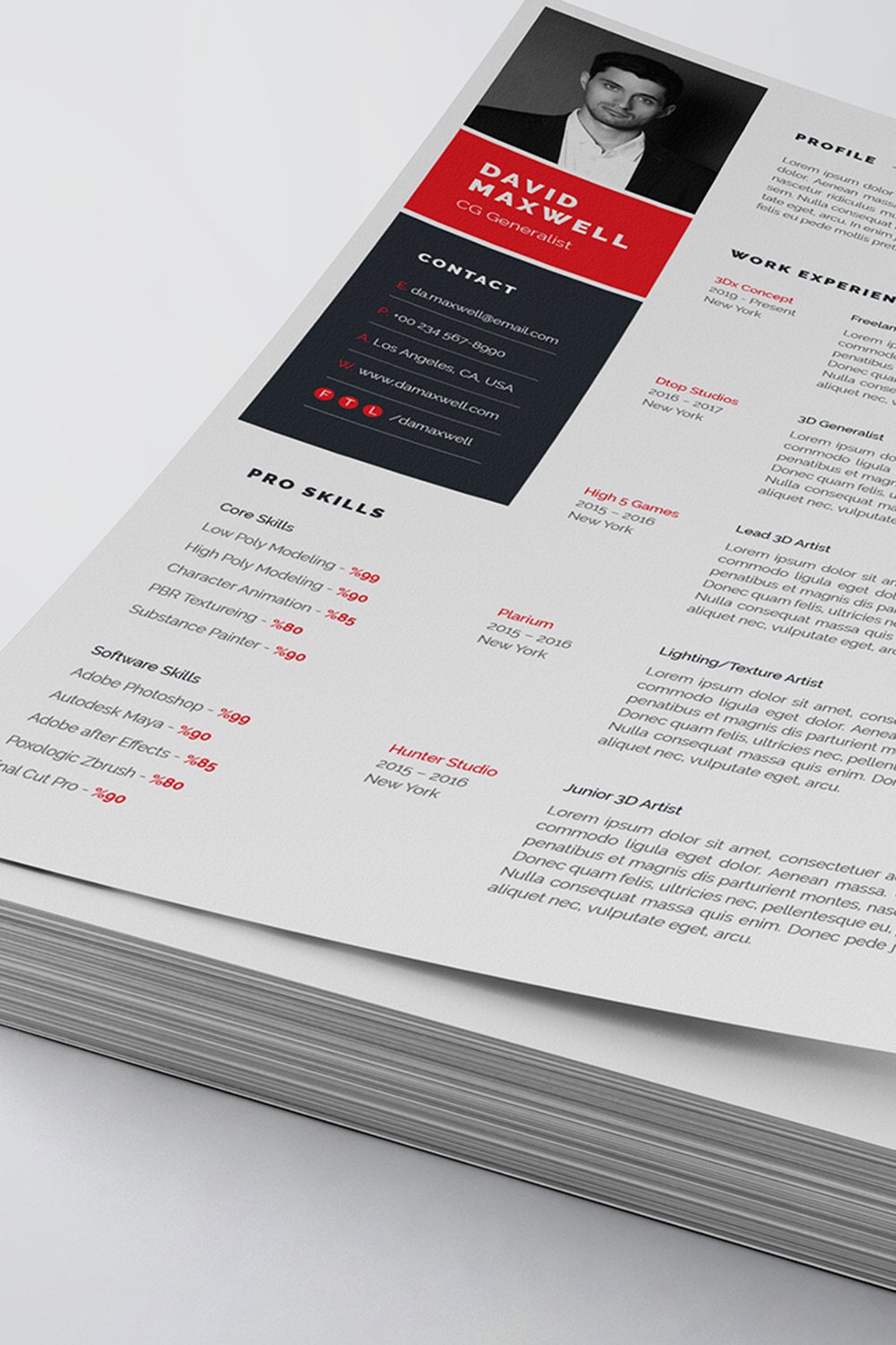 Professional resume template with a red and black color scheme.