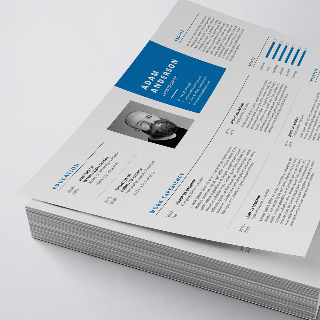 White and blue resume on top of a stack of papers.