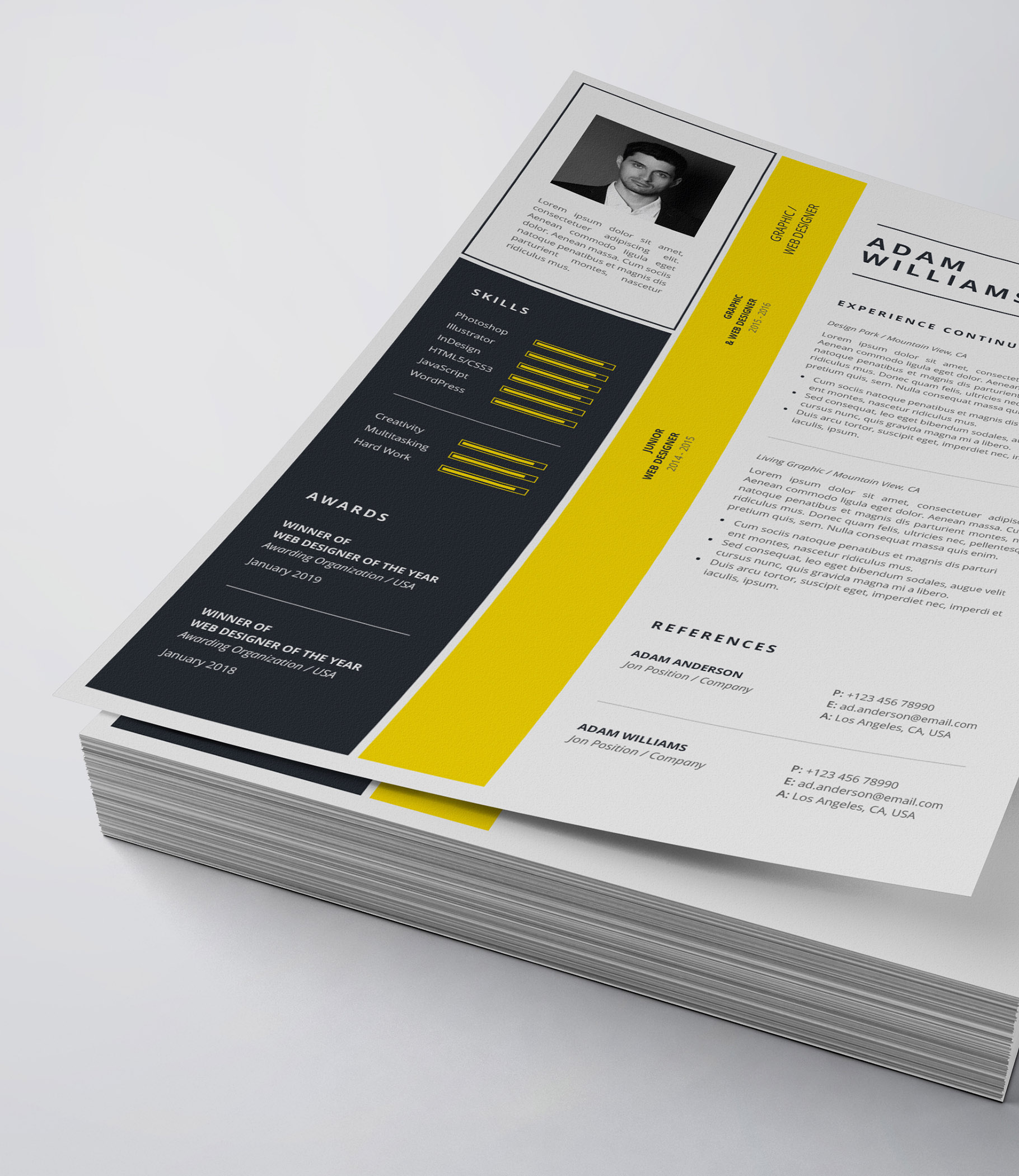 Professional resume template with yellow accents.