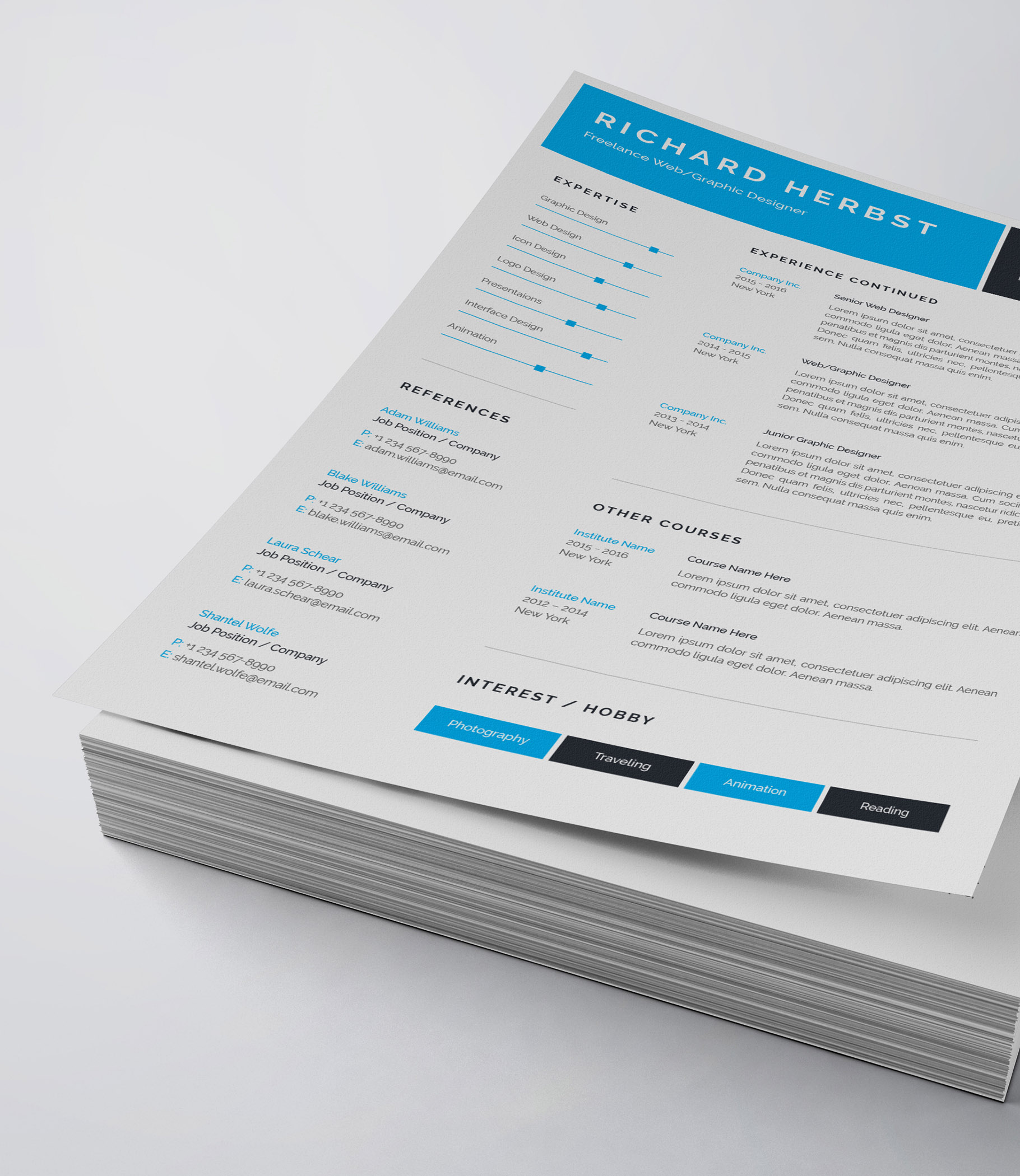 Clean and professional resume template on top of a stack of papers.