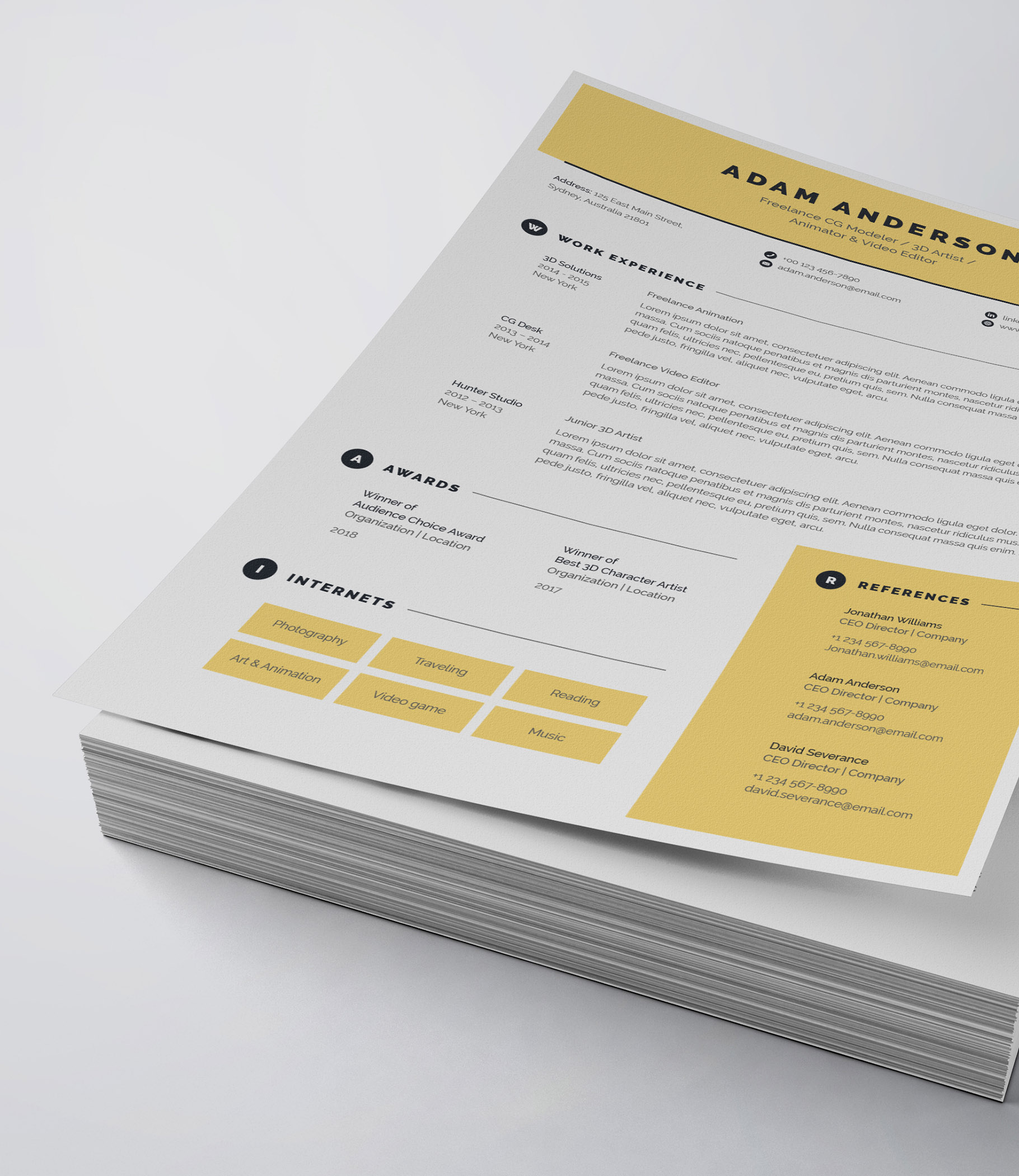 Yellow and white resume on top of a stack of papers.