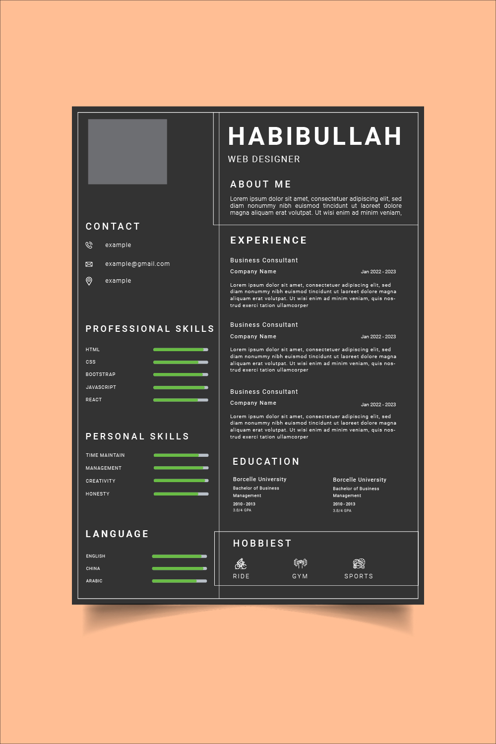 Black and white resume with green accents.