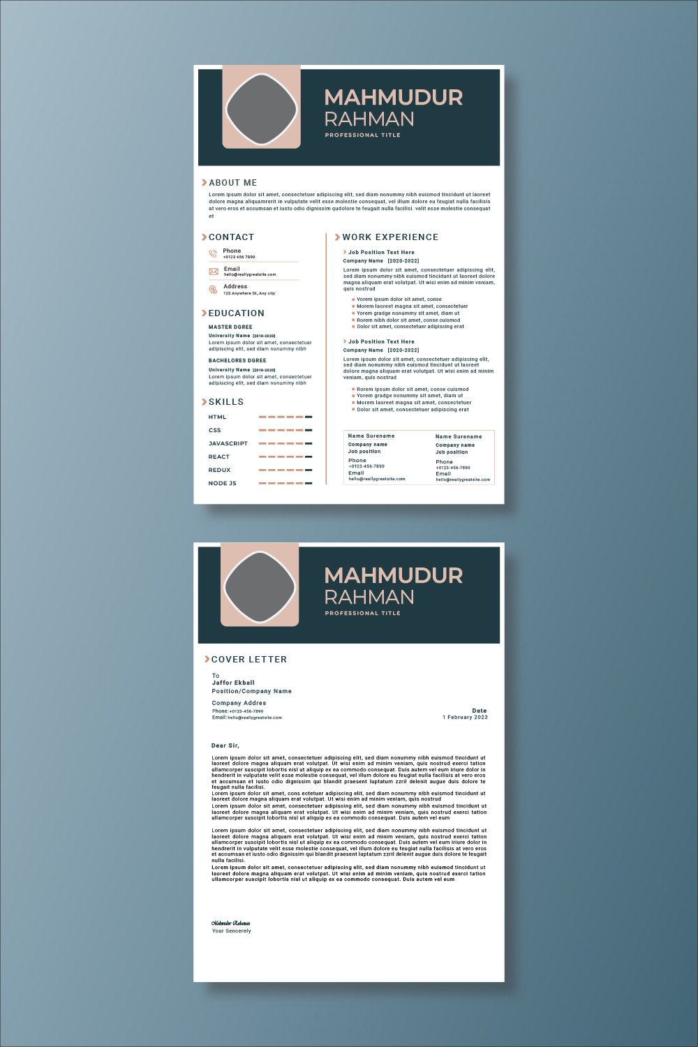 Two pages of a professional resume on a blue background.