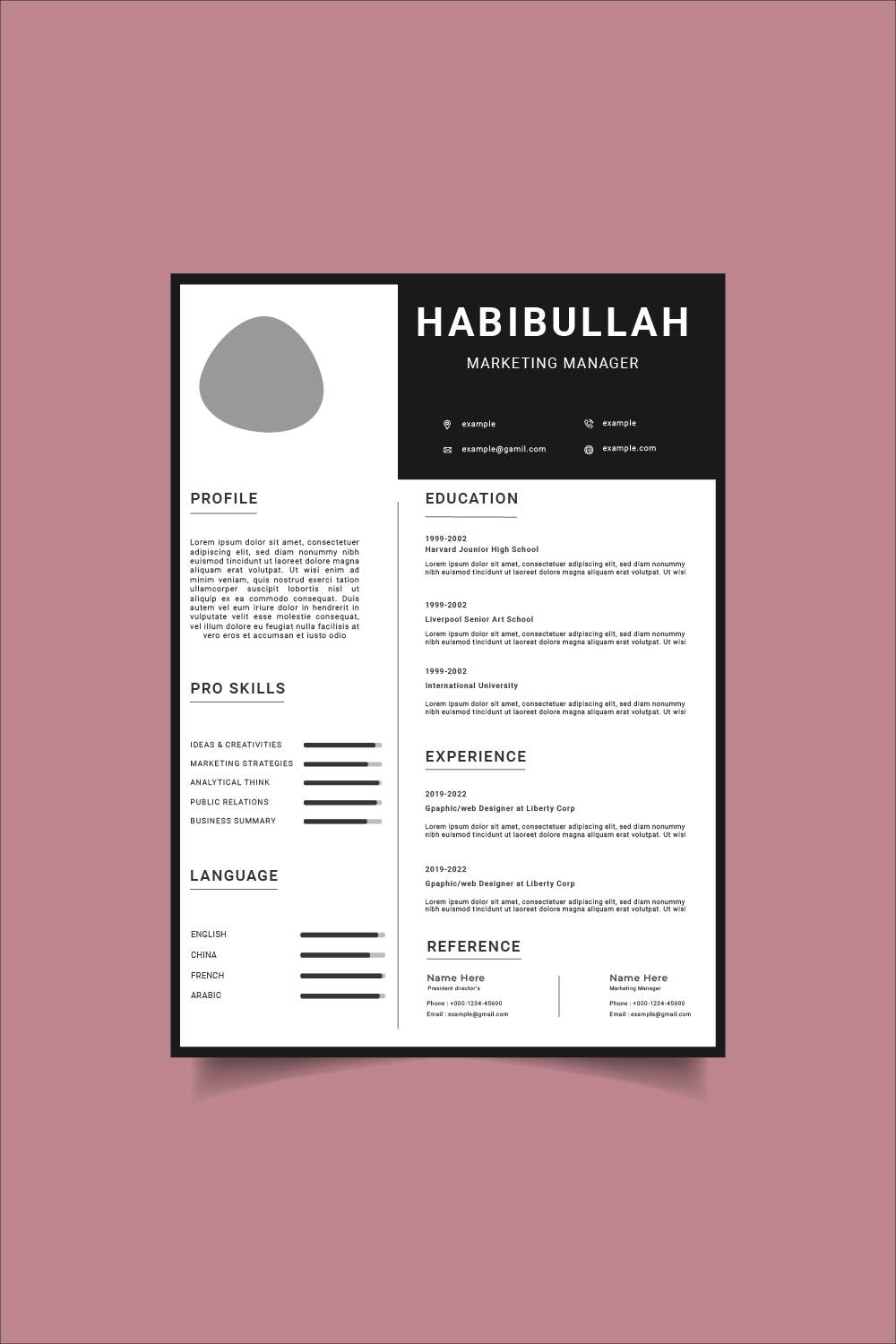 Black and white resume template on a pink background.