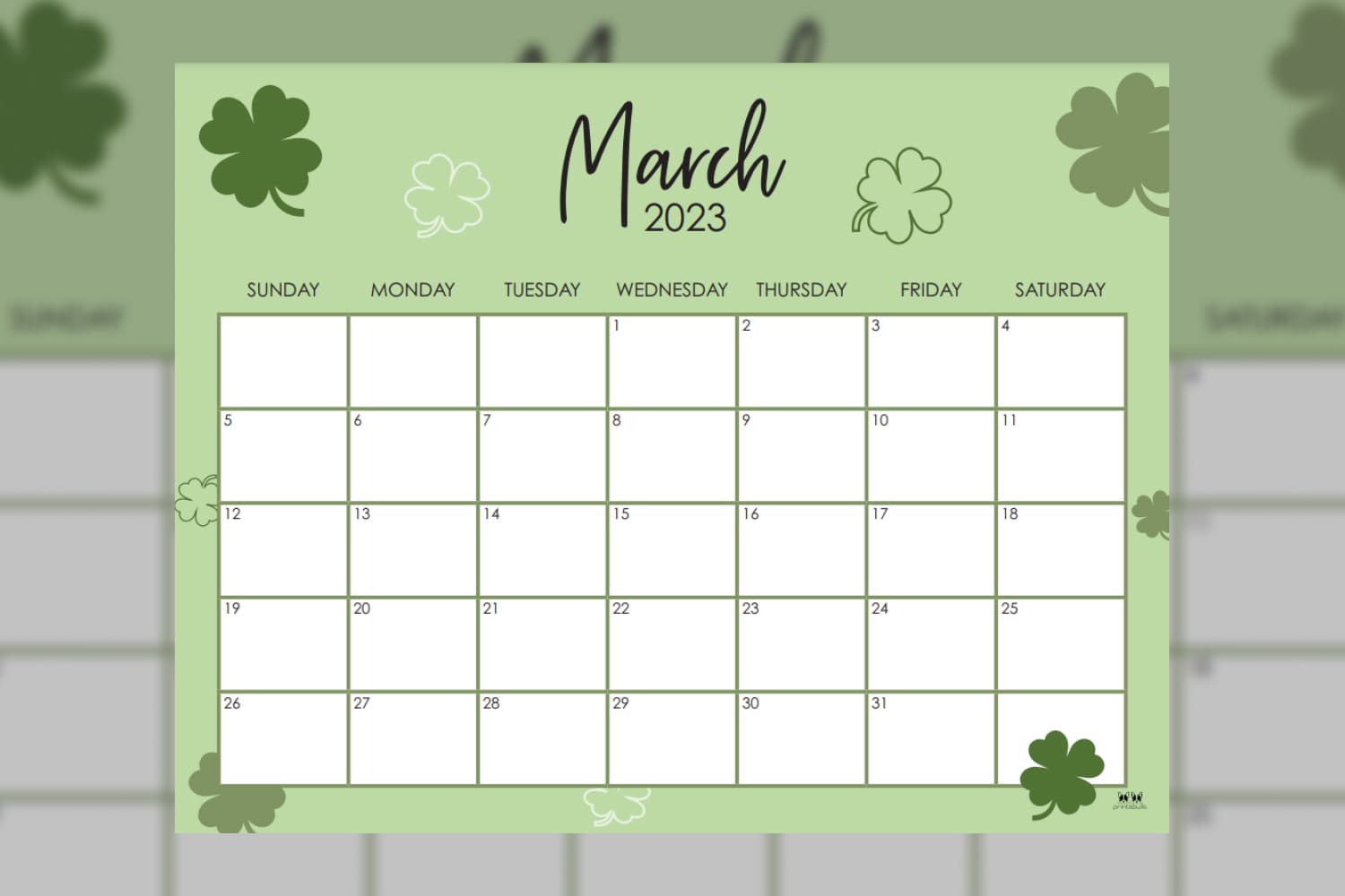 March calendar with green leaves and simple green-and-white color scheme.