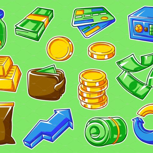 A bunch of different items that are on a green background.