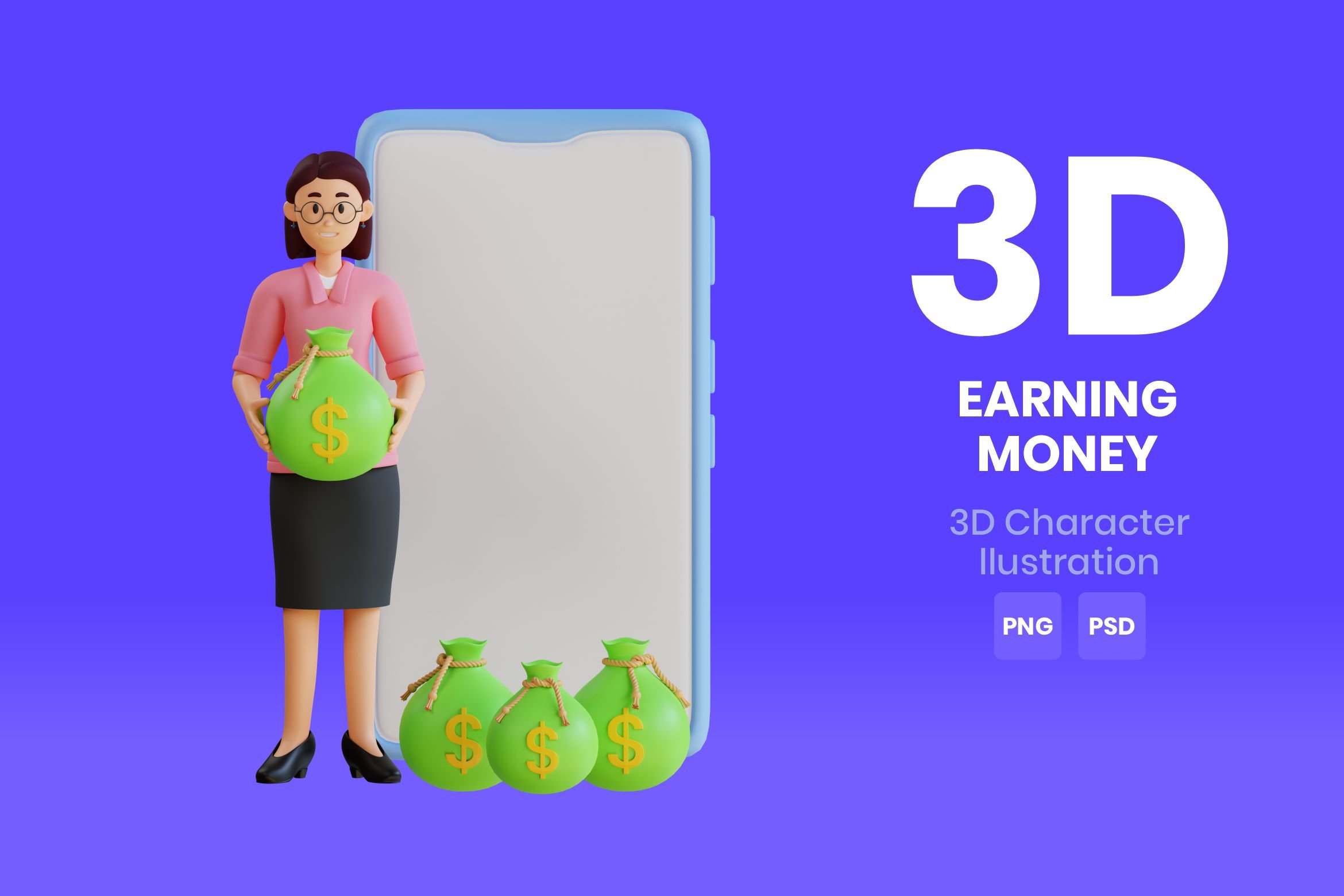 A woman standing next to a phone with money bags on it.